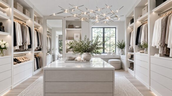 Modern organic walk-in closet with Constellation Chandelier