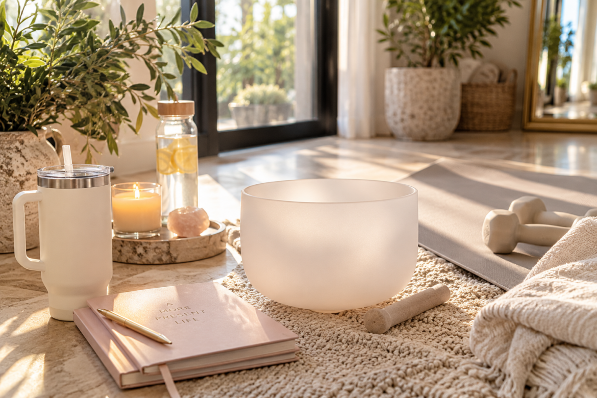 Wellness ritual with frosted bowl, candle, and soft natural ligh